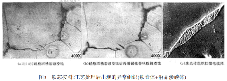 鐵芯按圖2工藝處理後出現的異常組織(鐵素體+沿晶滲碳體)